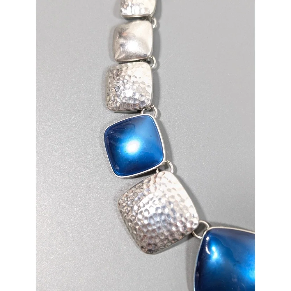 Blue‎ Enamel Hammered Statement Necklace Silver Tone Western Boho 22